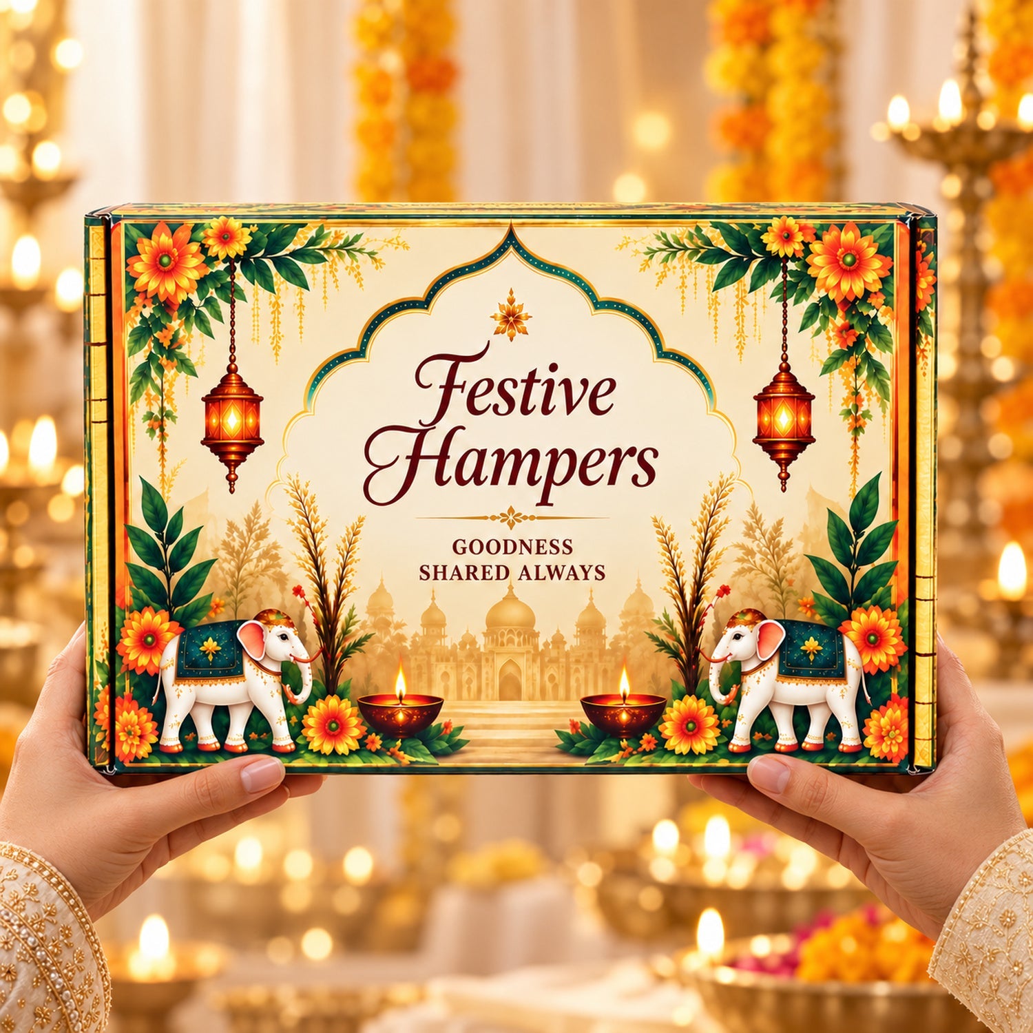 Two hands holding a festive hamper box with intricate Indian-inspired illustrations and warm lighting.