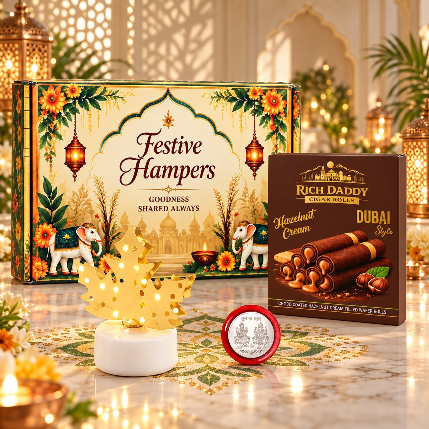 A festive gift set including a decorative box, a golden maple leaf lamp, and a box of hazelnut wafer rolls.
