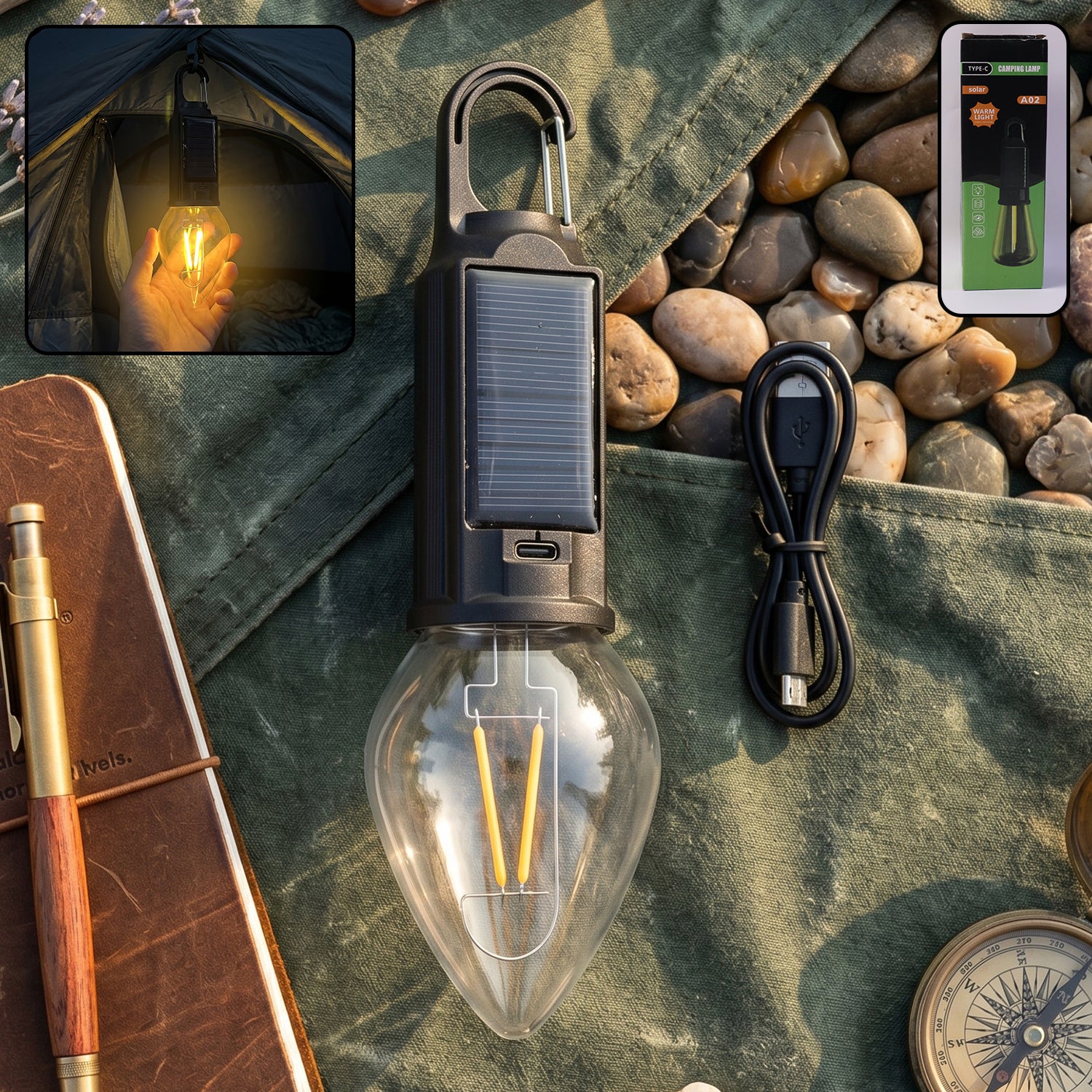 Carabiner clip on solar camping lamp for hanging
