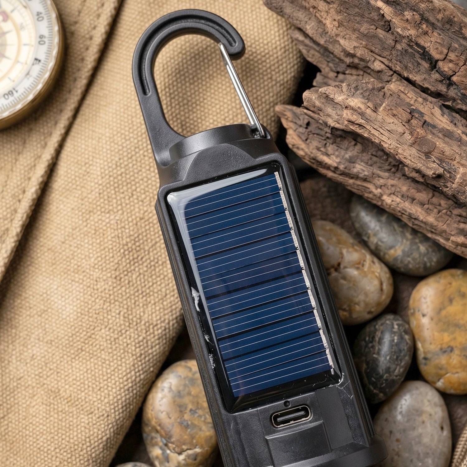Solar camping lamp hanging inside a tent at night