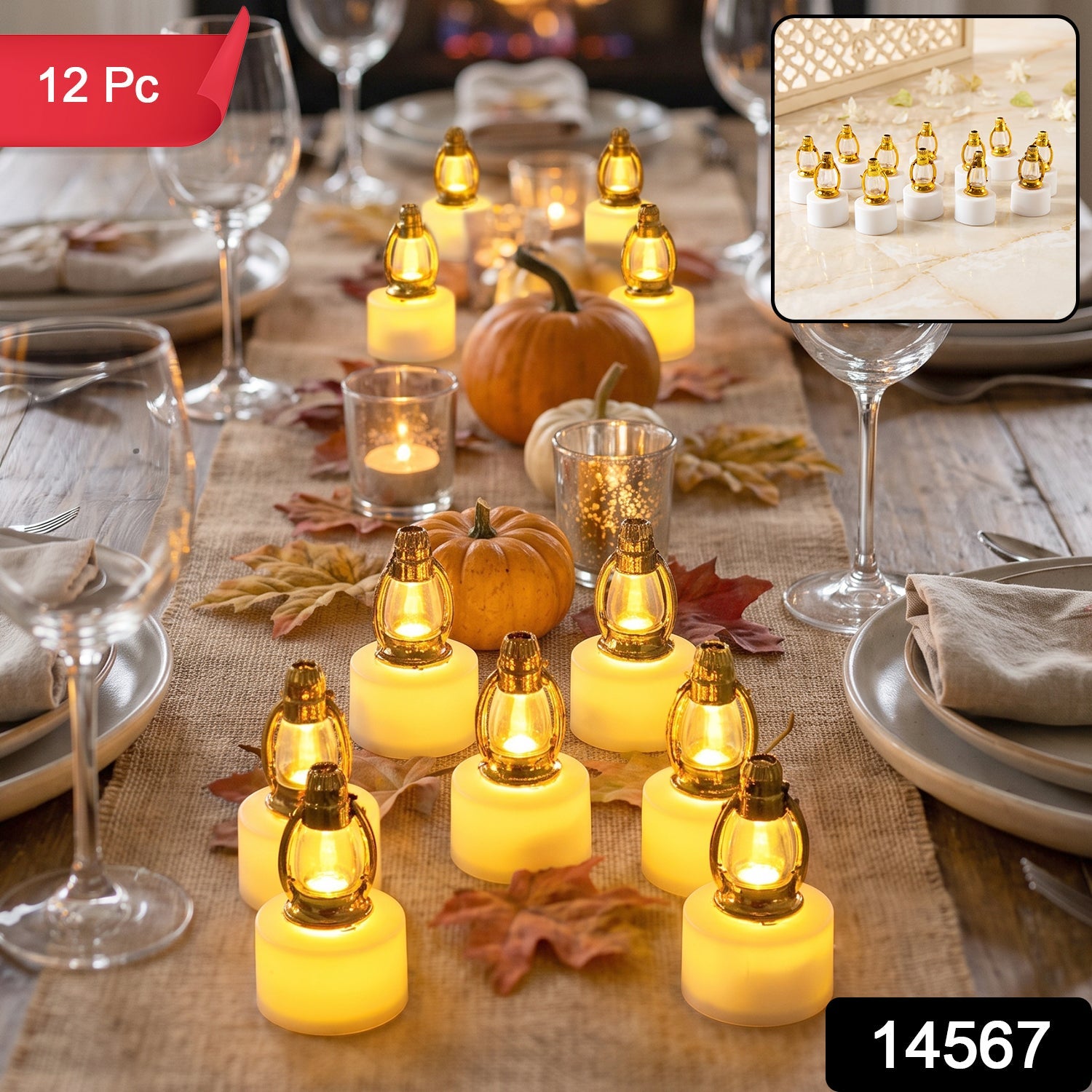 Set of 12 golden lantern LED candle lamps