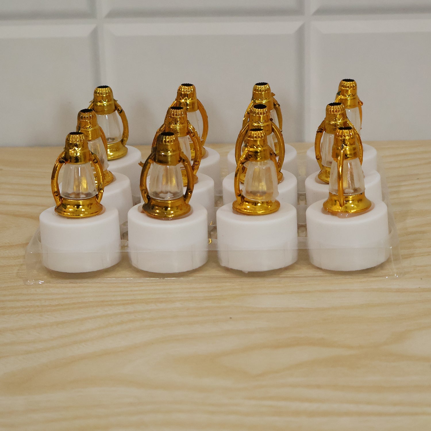 Live photo of golden lantern LED candle lamps, 12 pieces