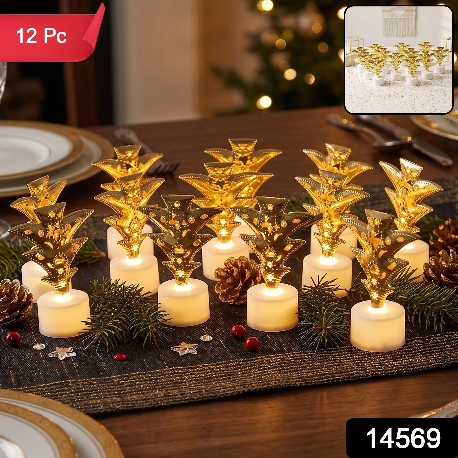 Set of 12 golden Christmas tree LED tealight candles