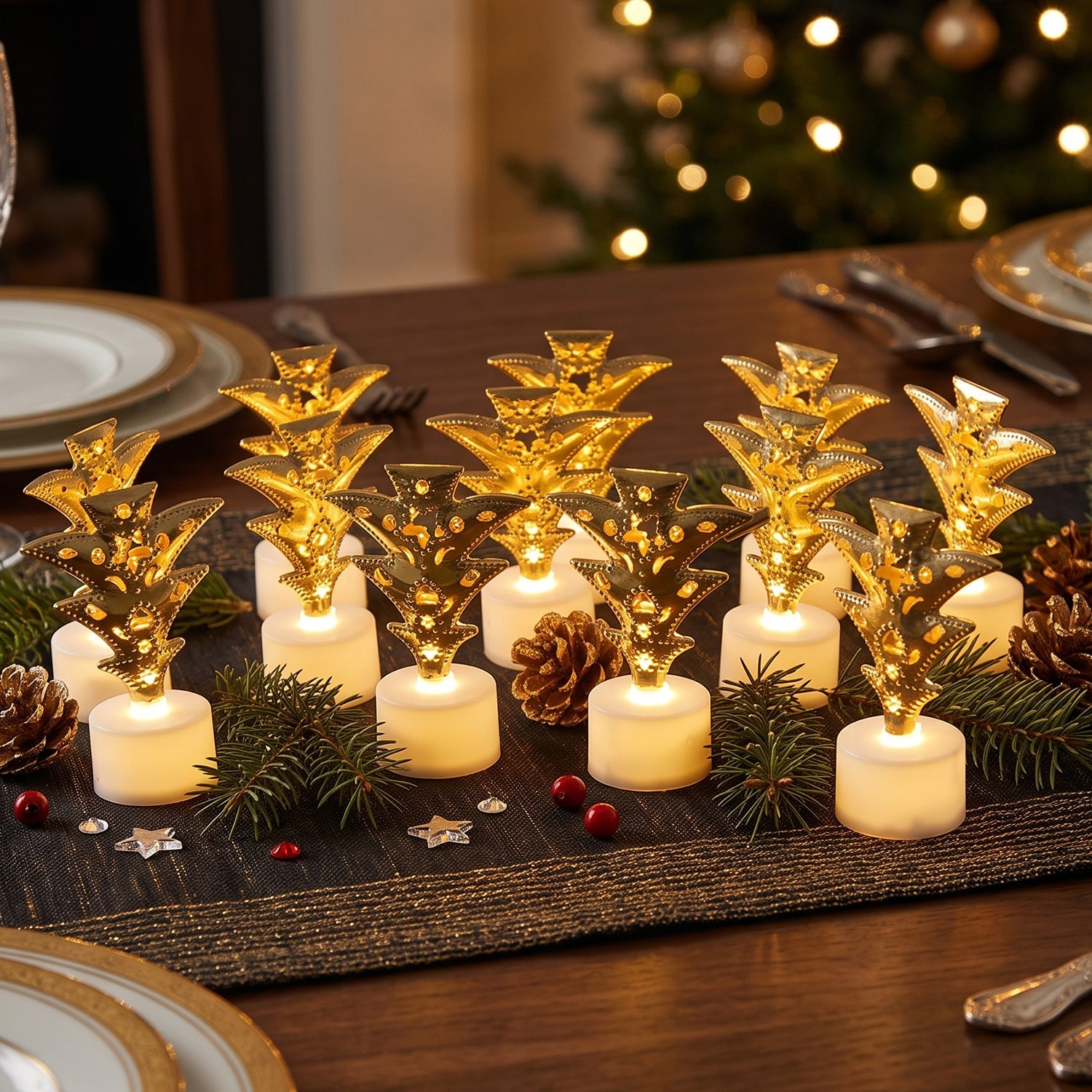 Christmas tree tealights glowing in a dark room