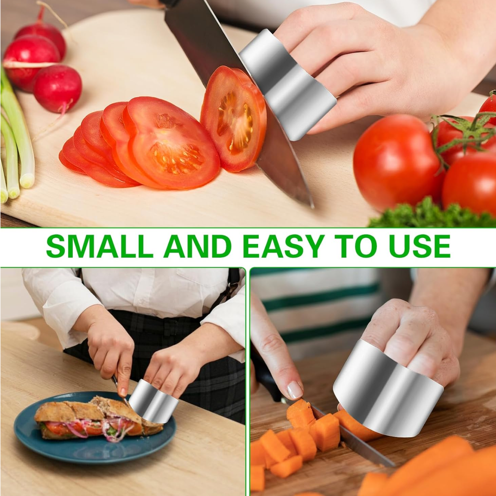 Finger guard holding vegetables for slicing.