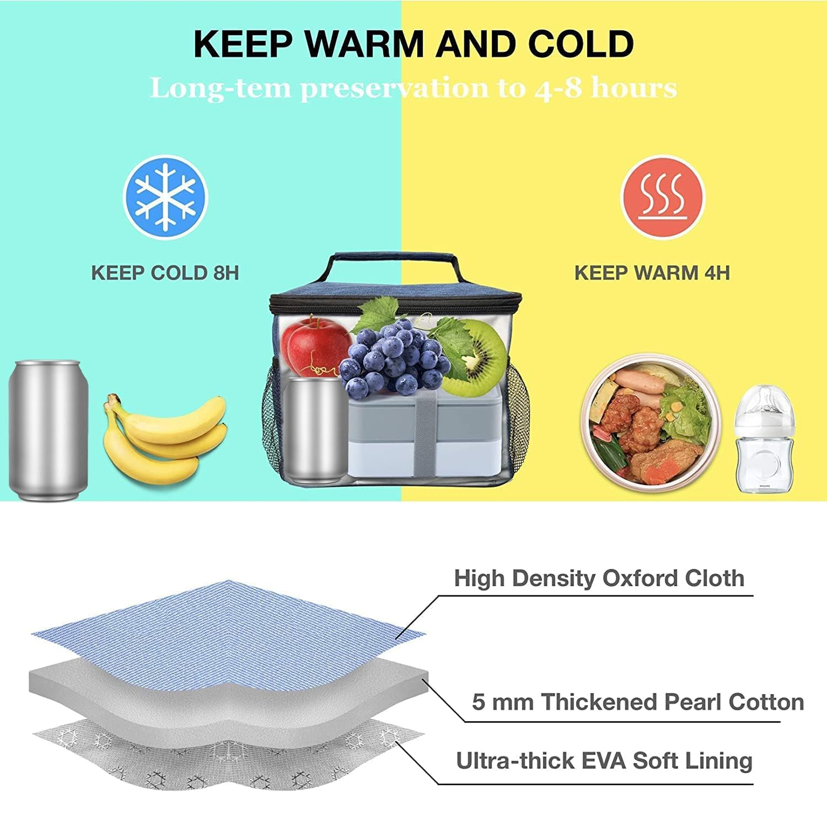 Insulated lunch bag standing upright