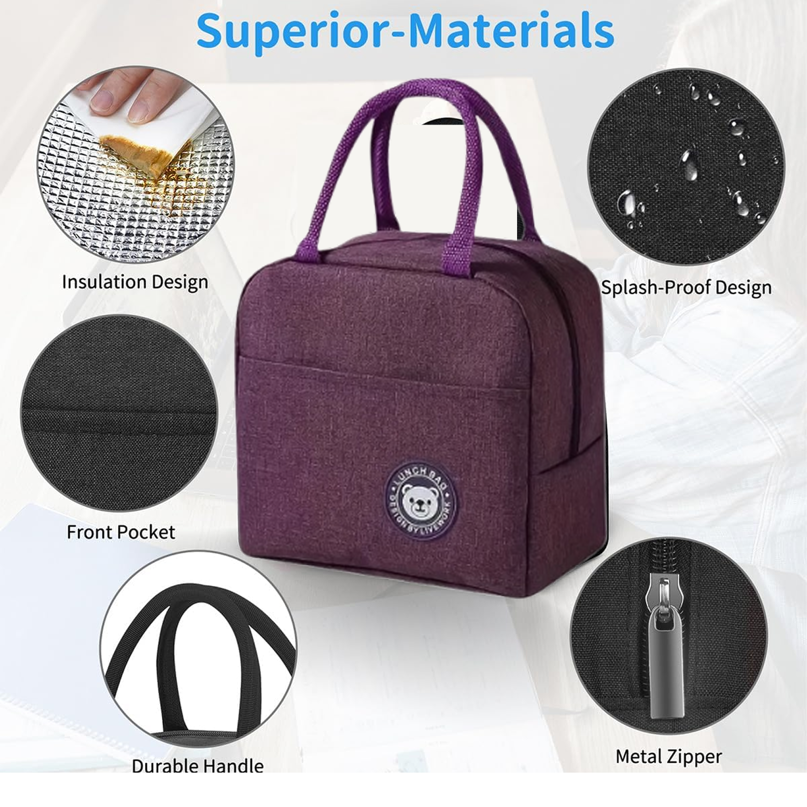 Lunch bag side view showing multiple pockets