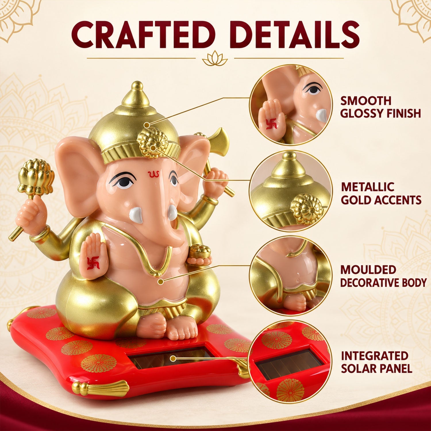 A Ganesha idol with peach and gold accents on a red cushion, with detailed close-ups of its features.