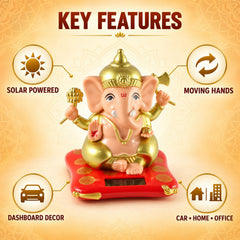 A Ganesha idol with peach and gold accents on a red cushion, surrounded by feature icons.