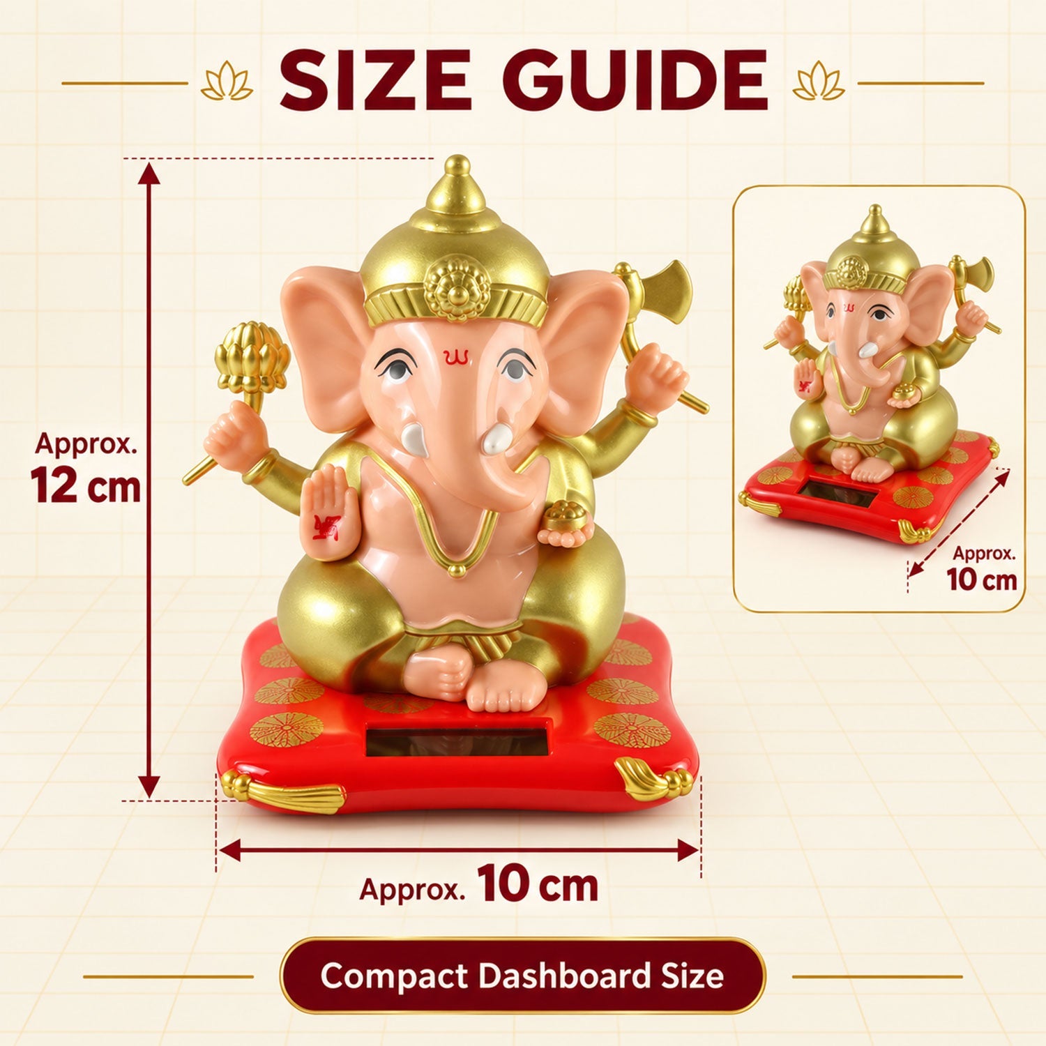 A peach and gold Ganesha idol on a red cushion, with a size guide indicating its dimensions.