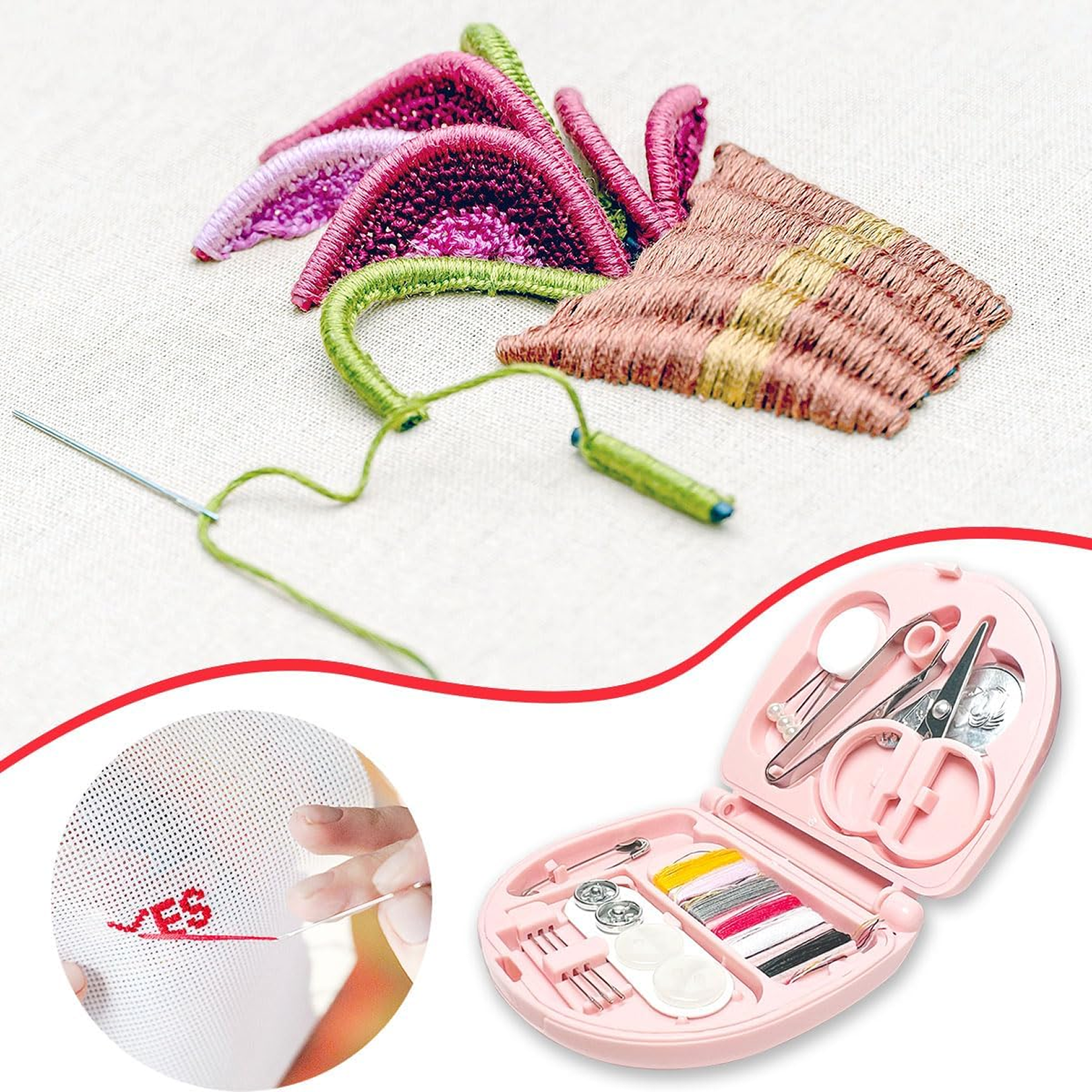 Mini travel sewing kit with needles and scissors organized inside case