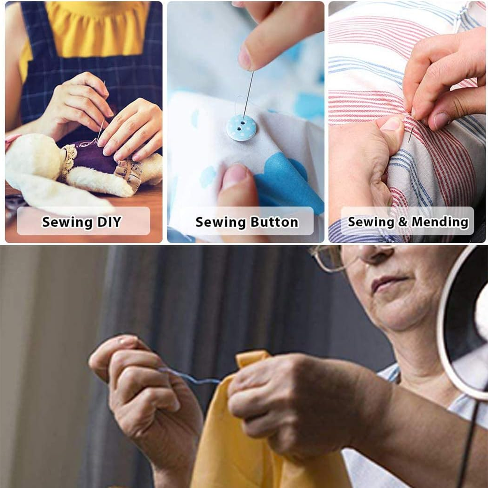 Sewing kit components arranged outside plastic case