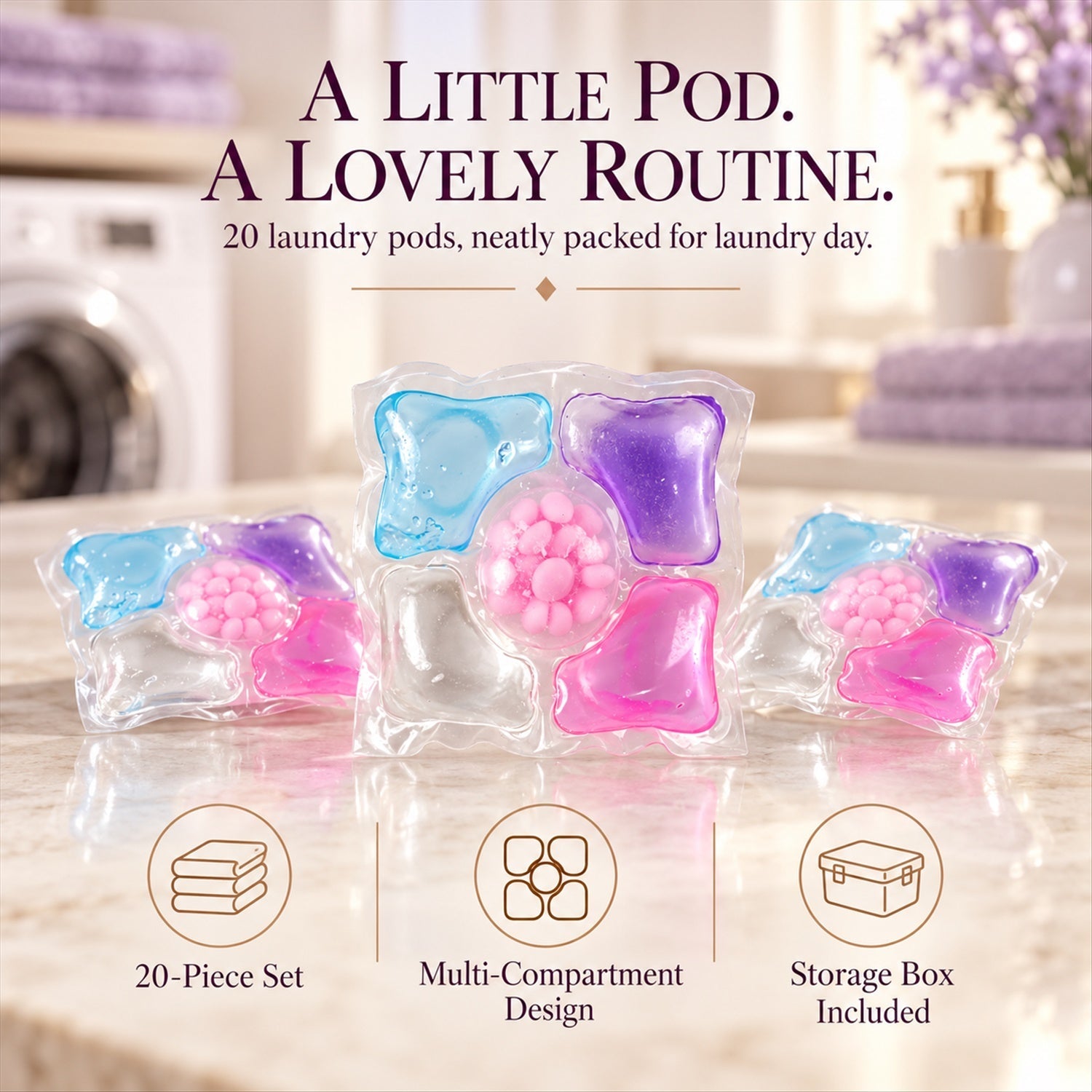 Three colorful laundry pods are displayed on a marble surface with a washing machine and text describing the product