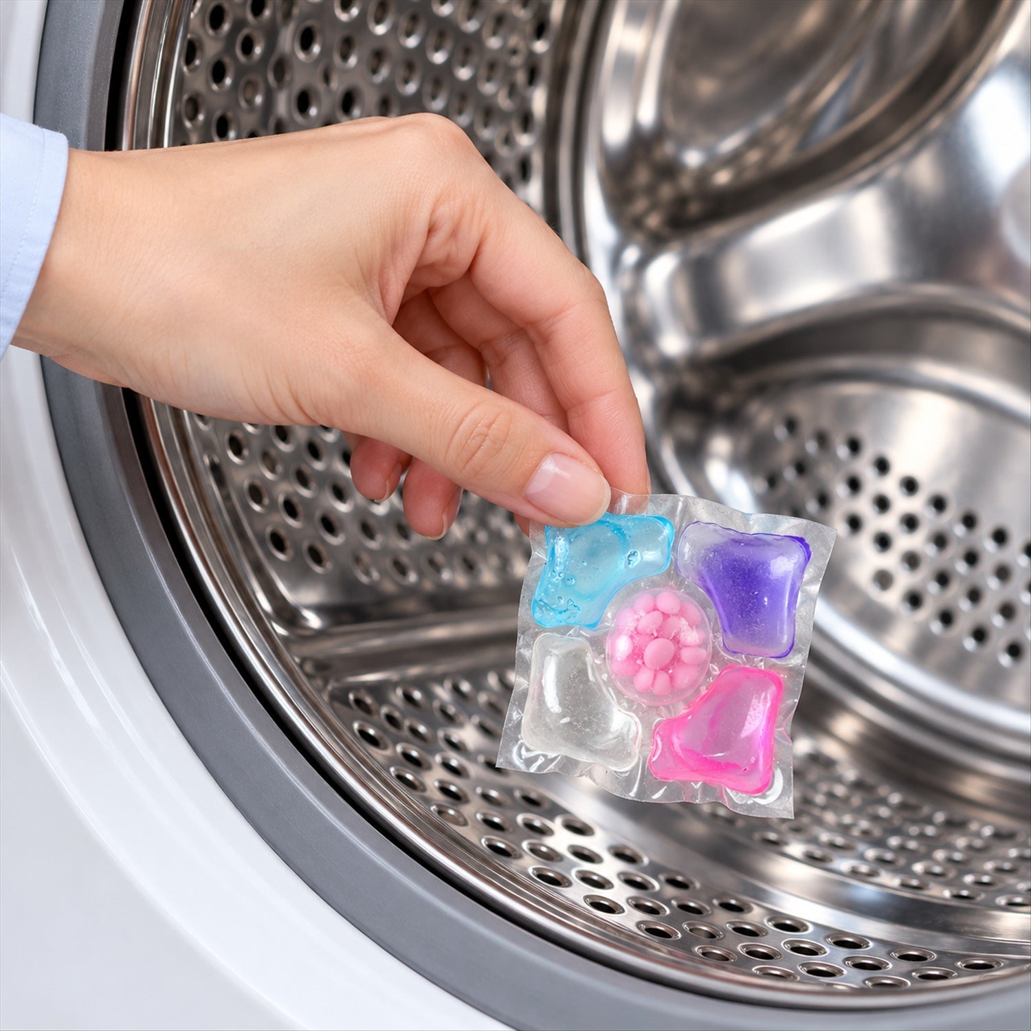 A hand holds a vibrant laundry pod, poised to drop it into the shiny, perforated interior of a front-loading washing machine.