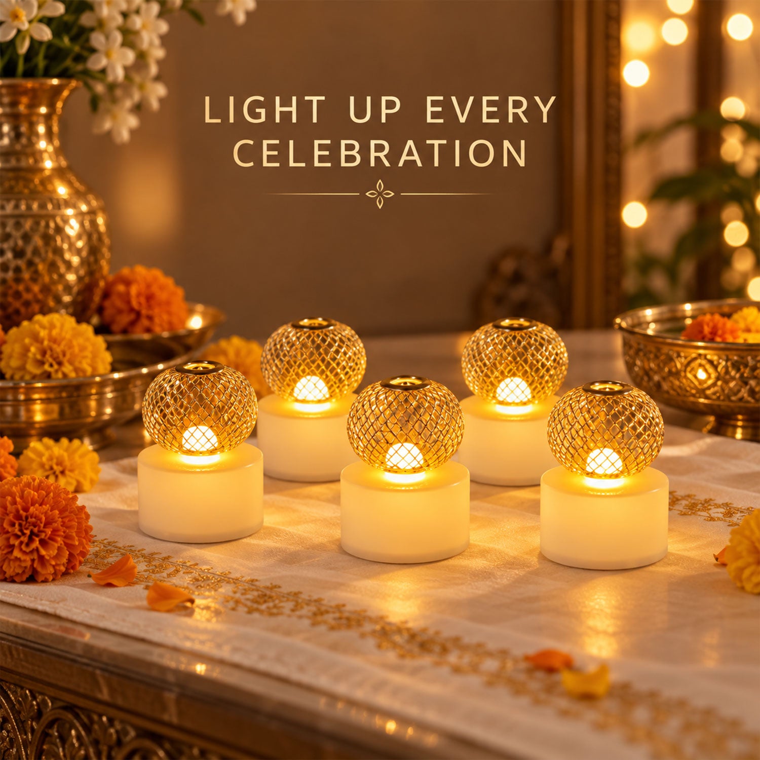 Five glowing gold mesh LED tealights on a decorative table with flowers and metallic accents.