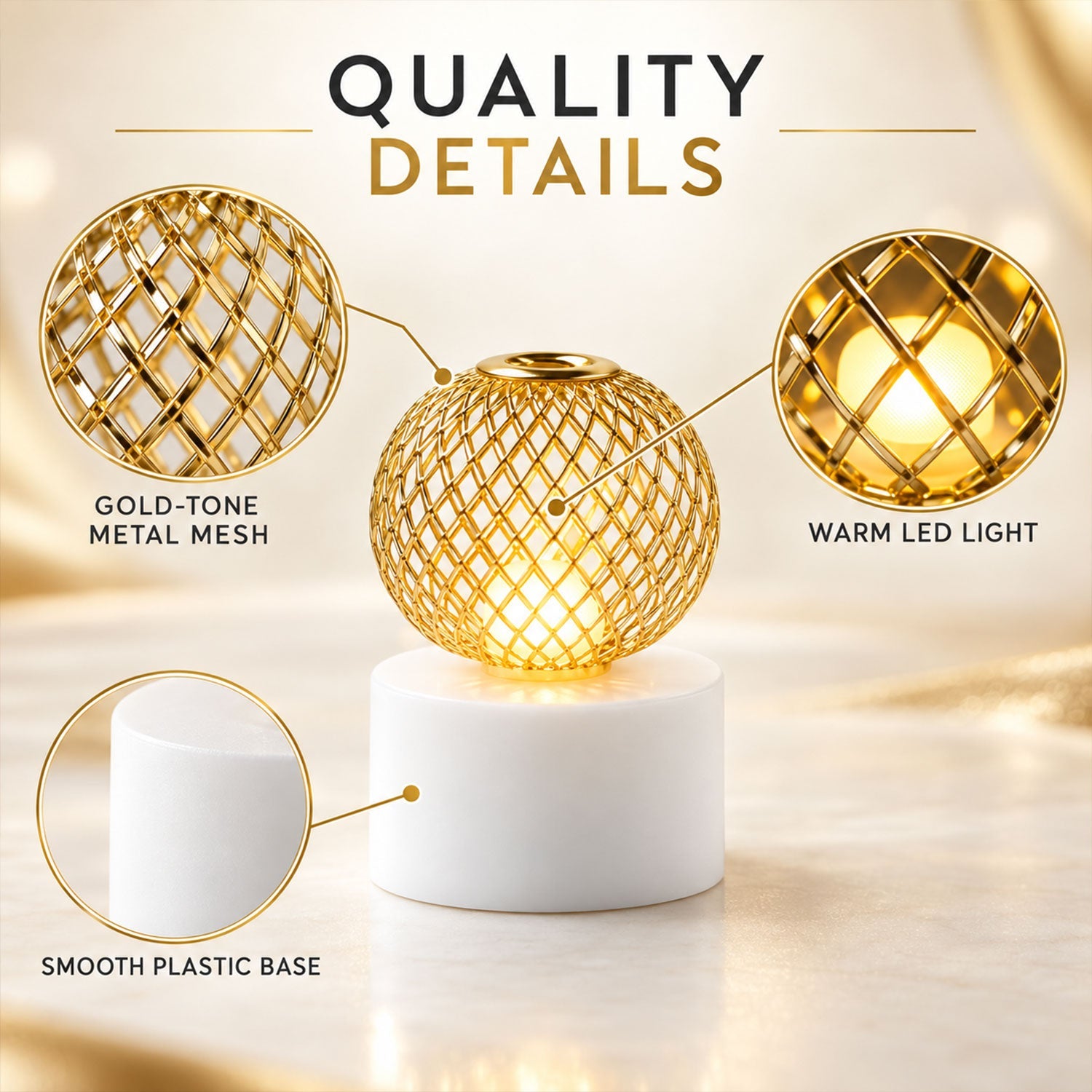 Close-up of a single gold mesh LED tealight with callouts for its features and materials.