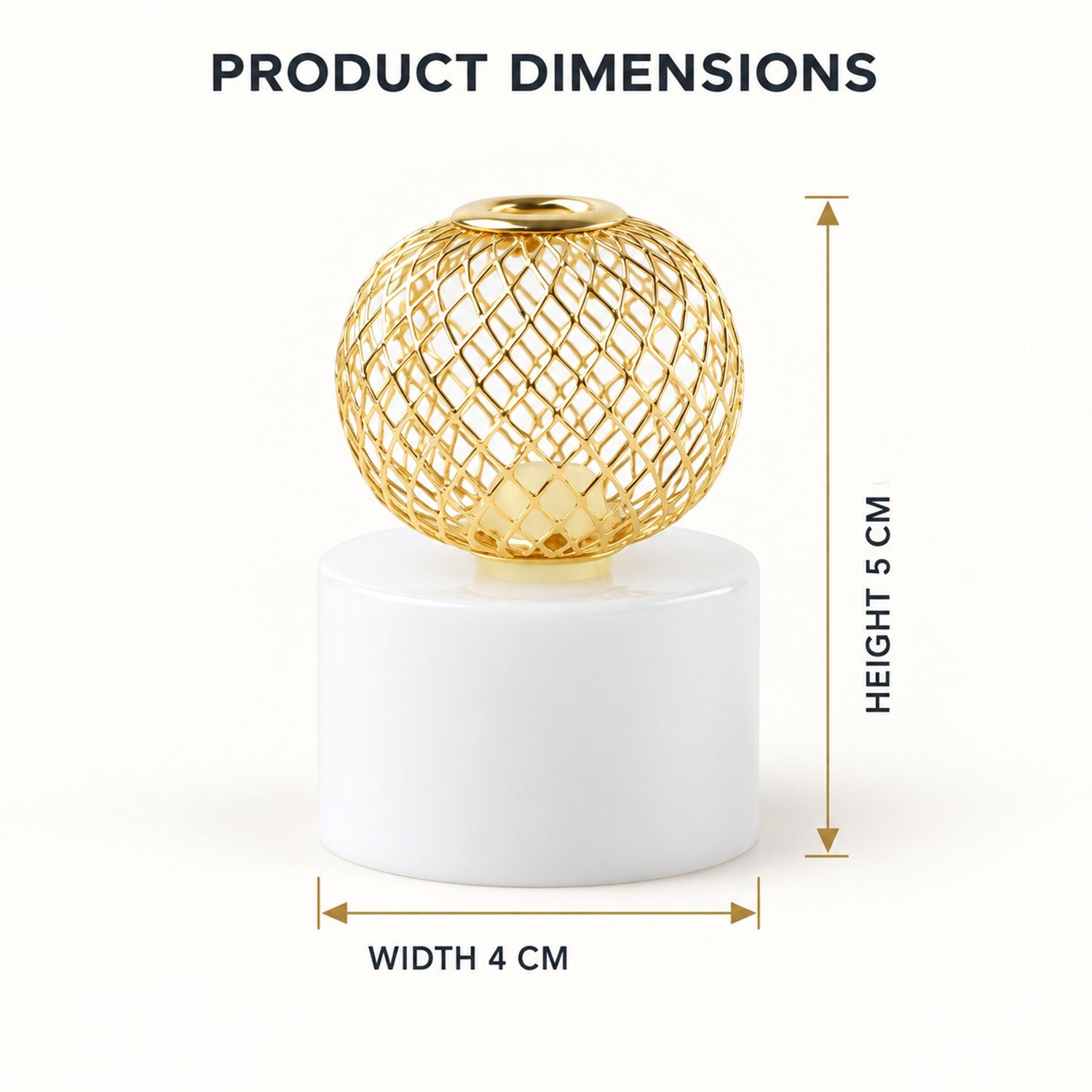 A single gold mesh LED tealight with a white base, showing its height and width dimensions.