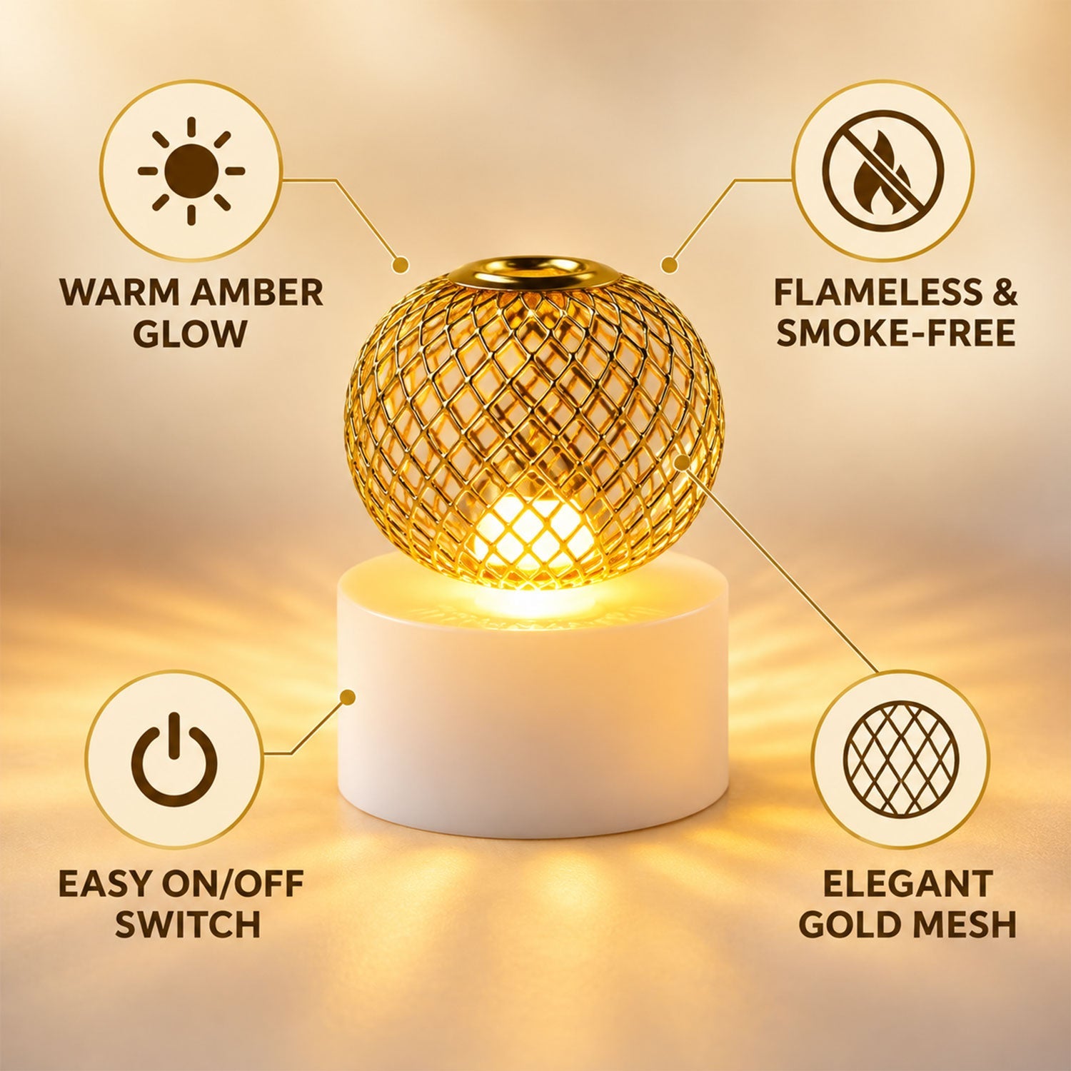 A single gold mesh LED tealight with four callouts highlighting its features and benefits.