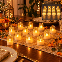 Twelve gold mesh LED tealights glowing on a table runner, with an inset showing more of them.