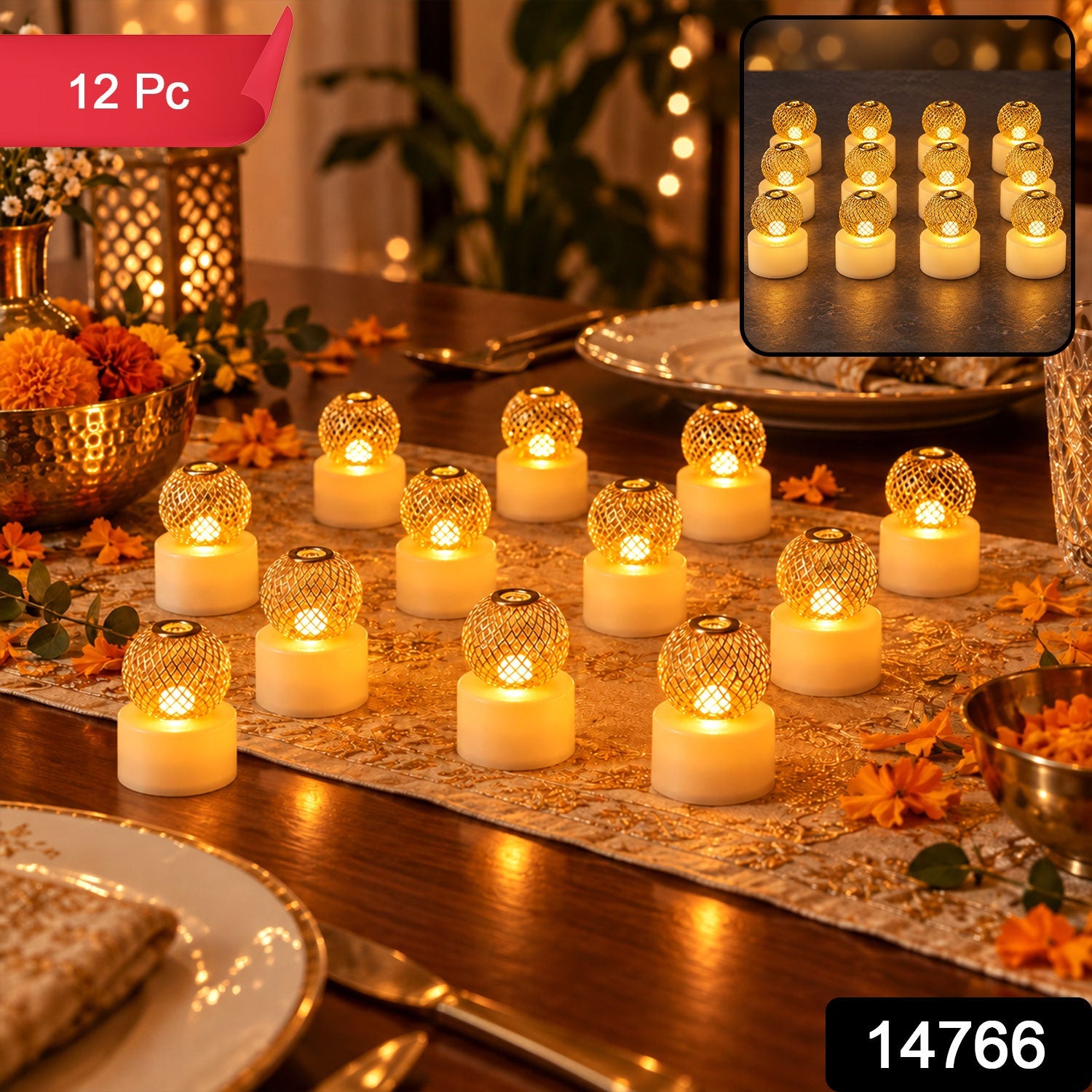 Twelve gold mesh LED tealights on a table runner, with an inset showing more and product details.