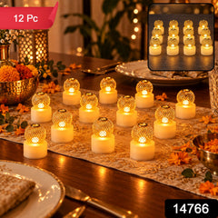 Twelve gold mesh LED tealights on a table runner, with an inset showing more and product details.