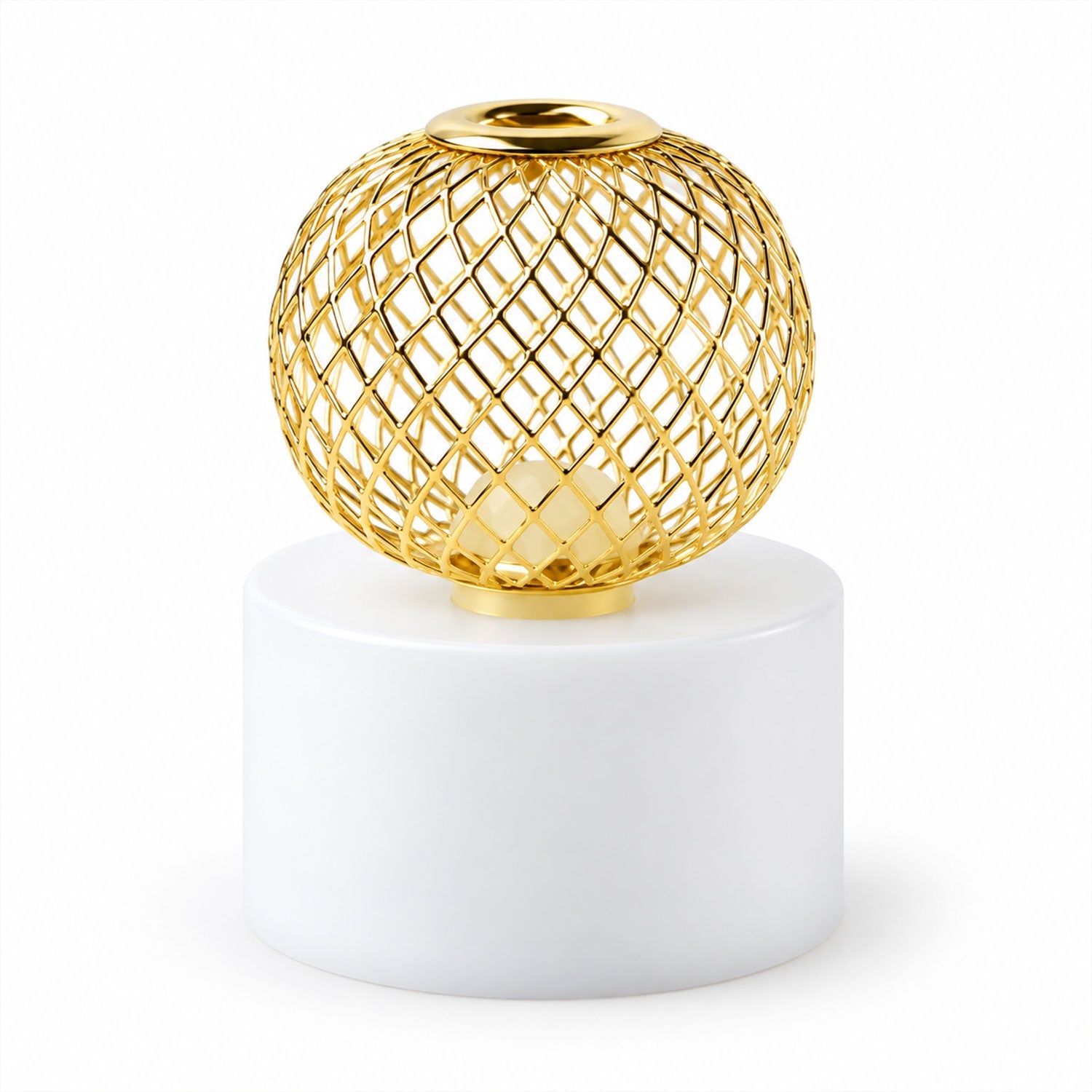 A single gold mesh LED tealight with a white base, viewed from a slightly elevated angle.