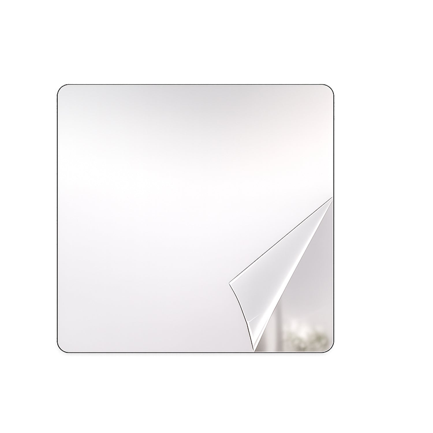 A square mirror with rounded corners has a corner of its protective film peeled back, revealing a reflection.