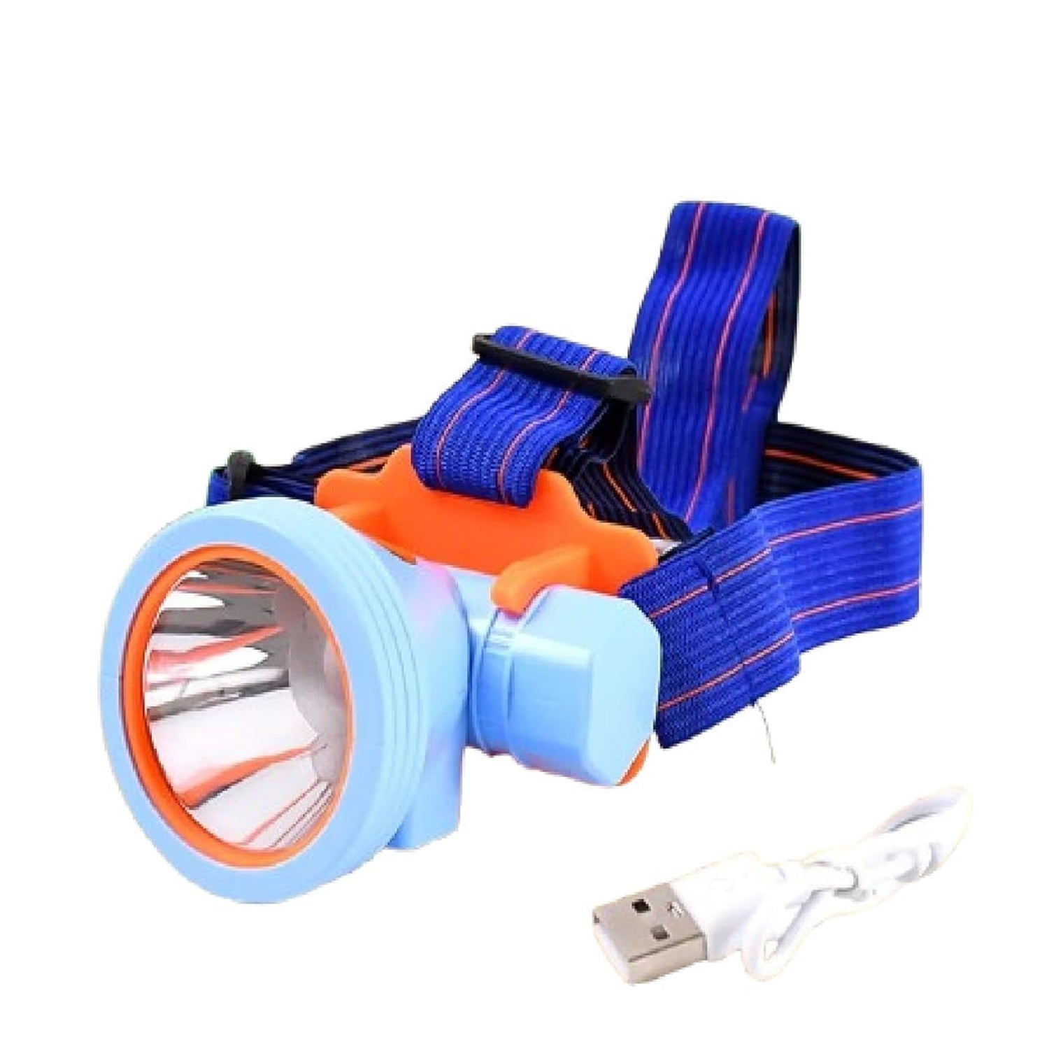 White mini rechargeable LED headlamp on a clean white background