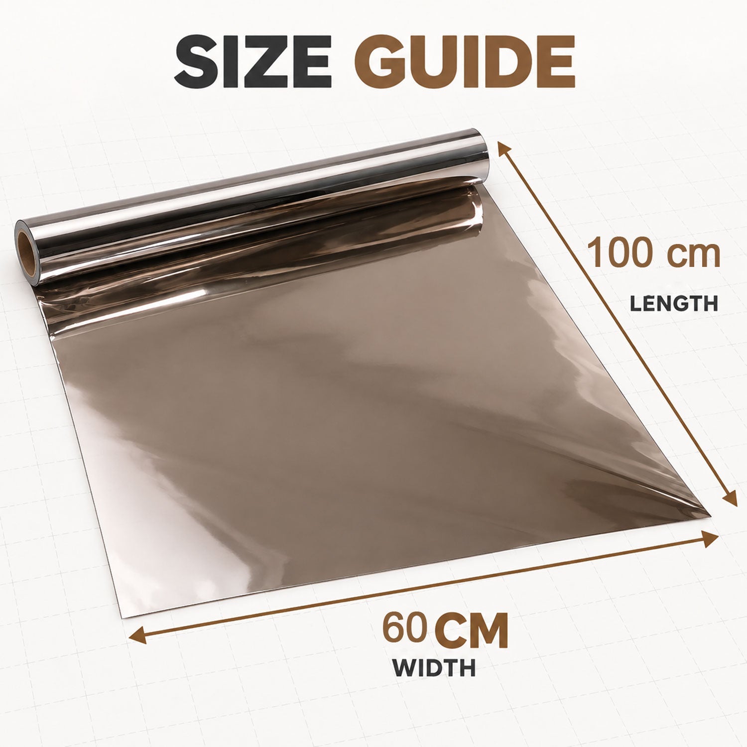 A roll of reflective film unrolled to show its 60 cm width and 100 cm length dimensions on a grey background.