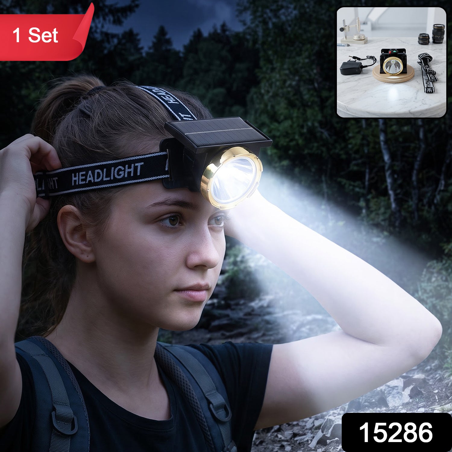 A young woman wearing a black and gold headlamp with a bright beam in a dark forest, with a small inset showing headlamp