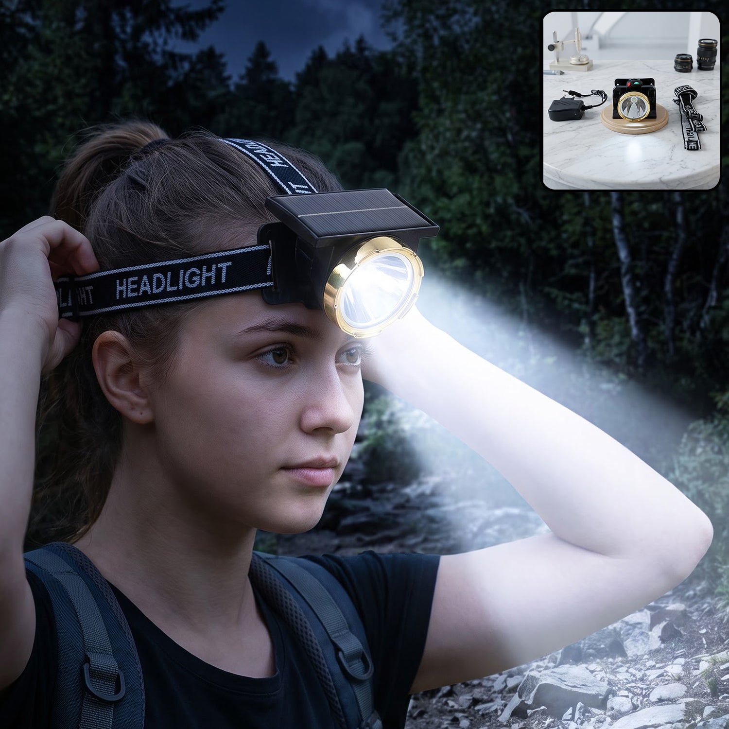 A young woman wearing a black and gold headlamp with a bright beam in a dark forest, with a small inset showing the headlamp