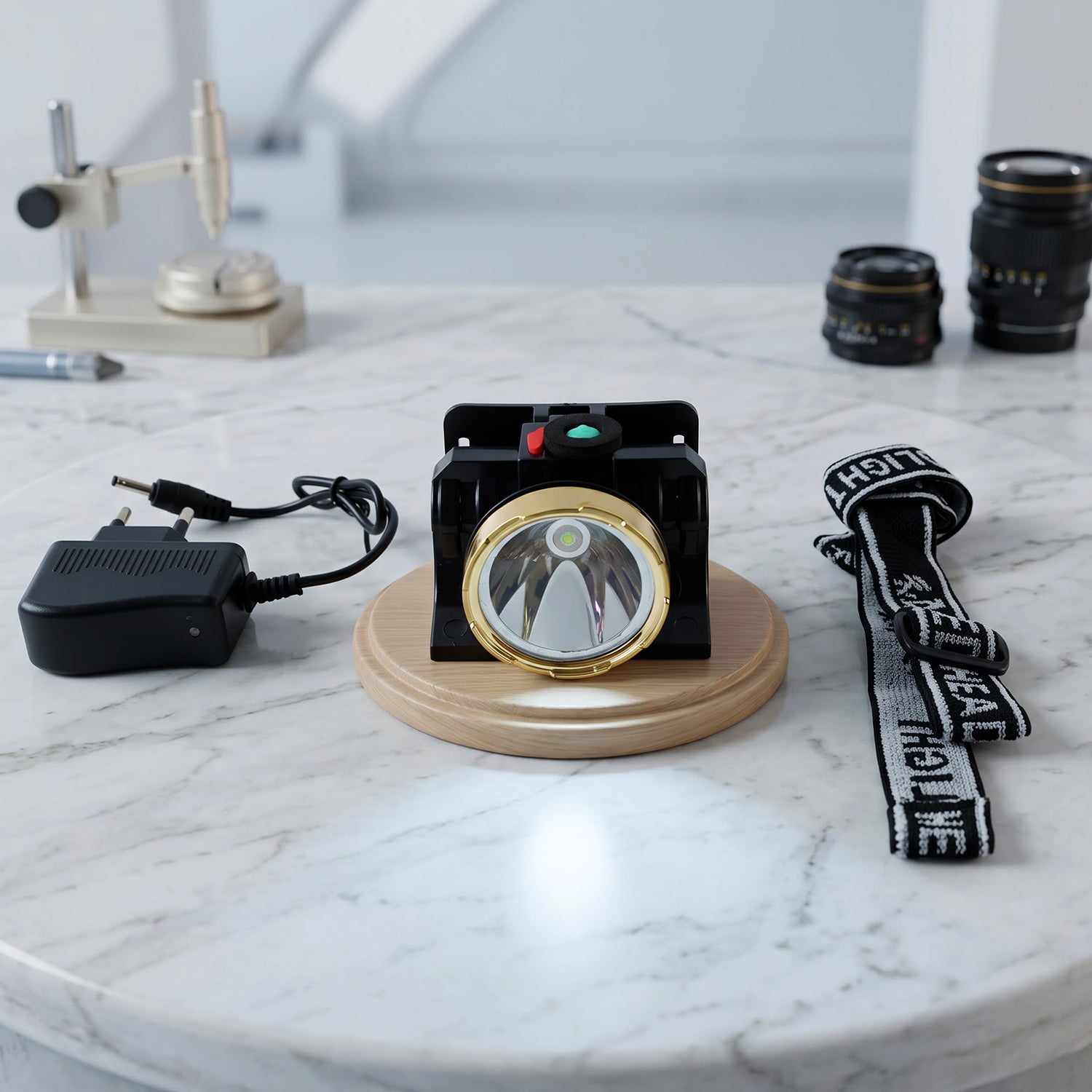 A black and gold headlamp with a solar panel, a charger, and a black and white head strap on a marble table.