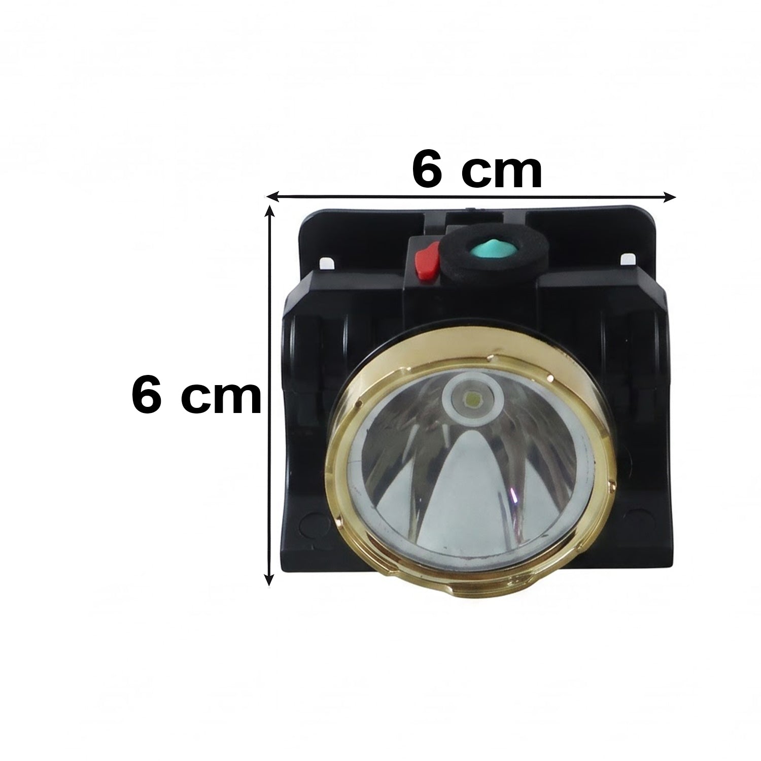 A black and gold headlamp with a solar panel, showing dimensions of 6 cm in both width and height.