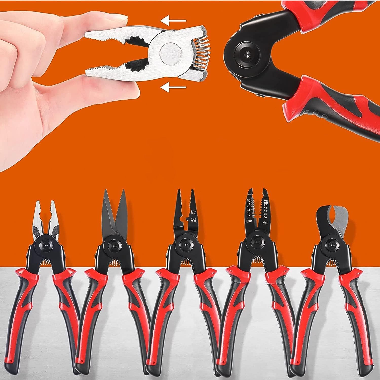 Compact 5-in-1 pliers set with soft ergonomic handles