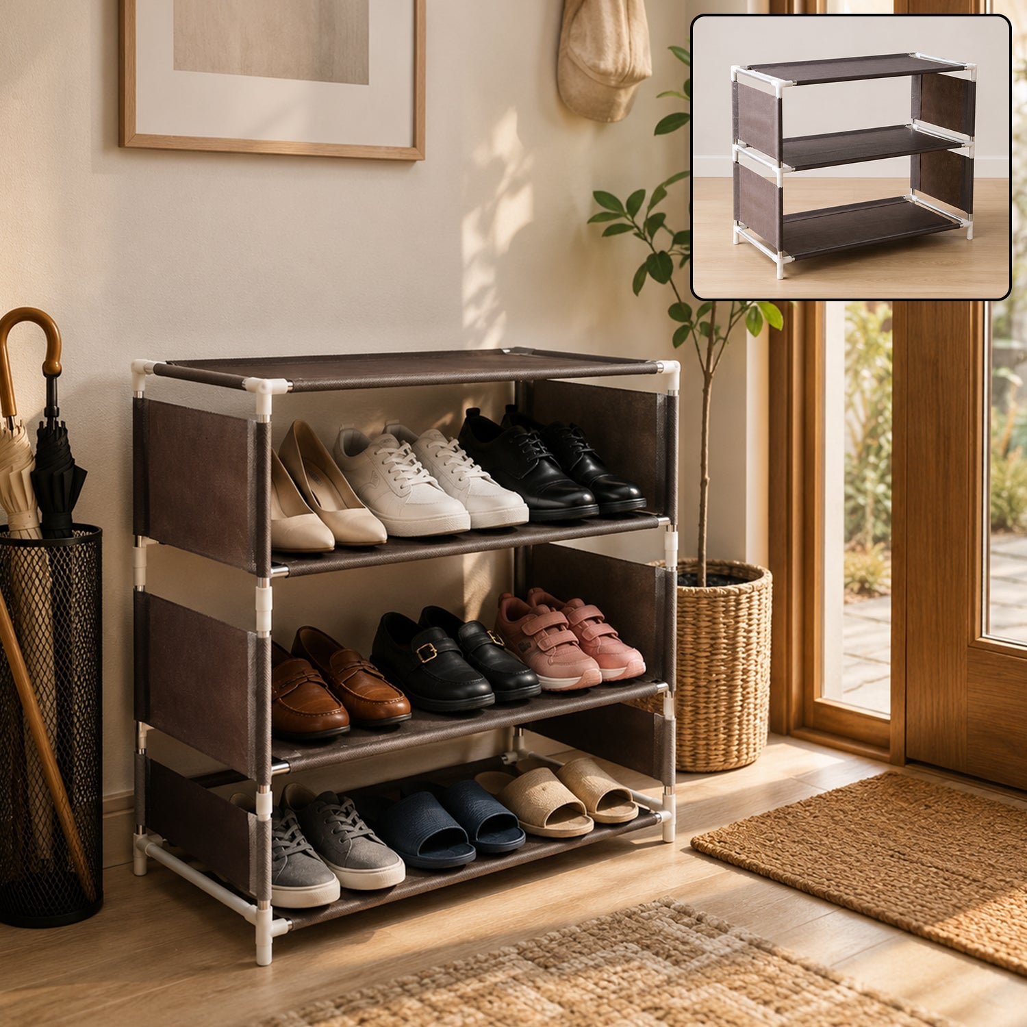 3 layer modular fabric shoe rack in entryway