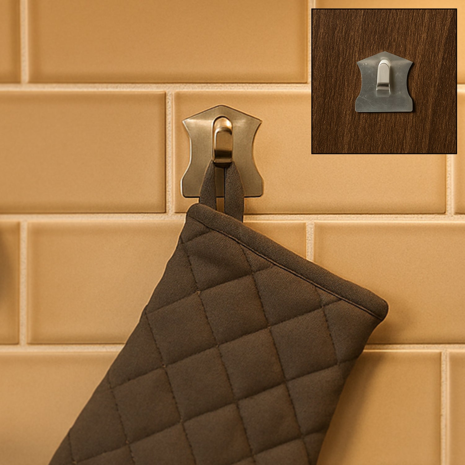 Self-adhesive stainless steel hooks on smooth surface