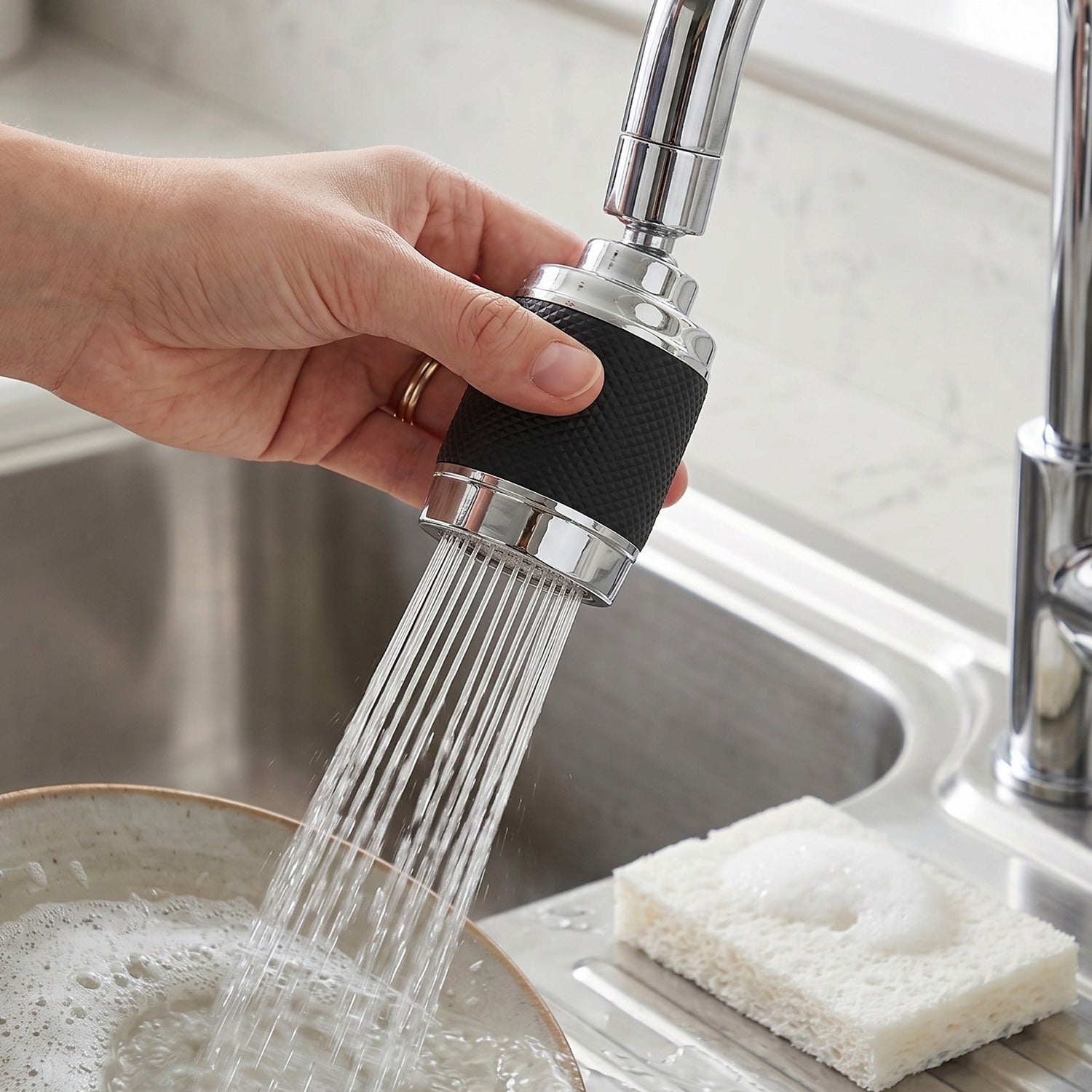 Faucet Sprayer in Use on Kitchen Sink