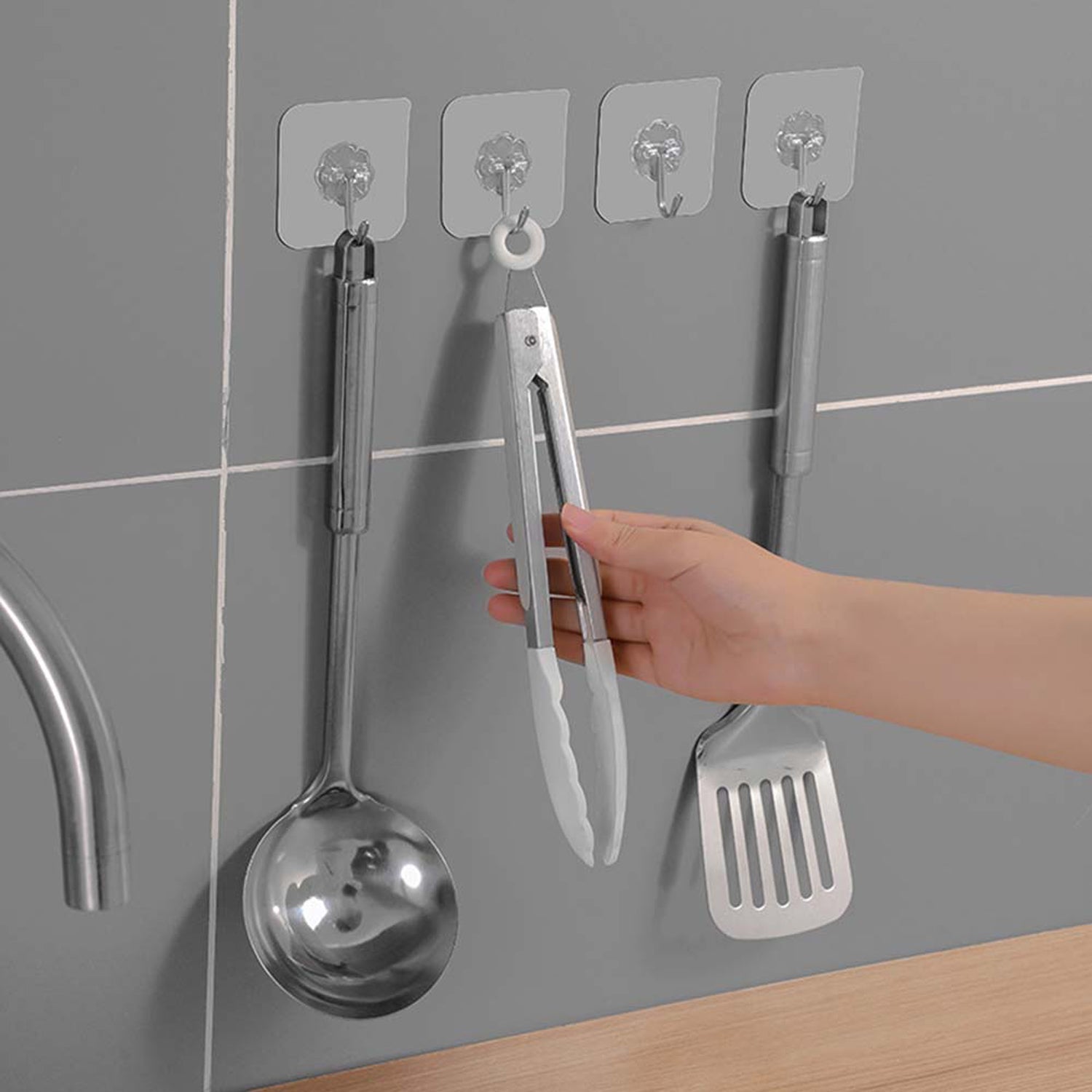 Wall hooks being used to hang items