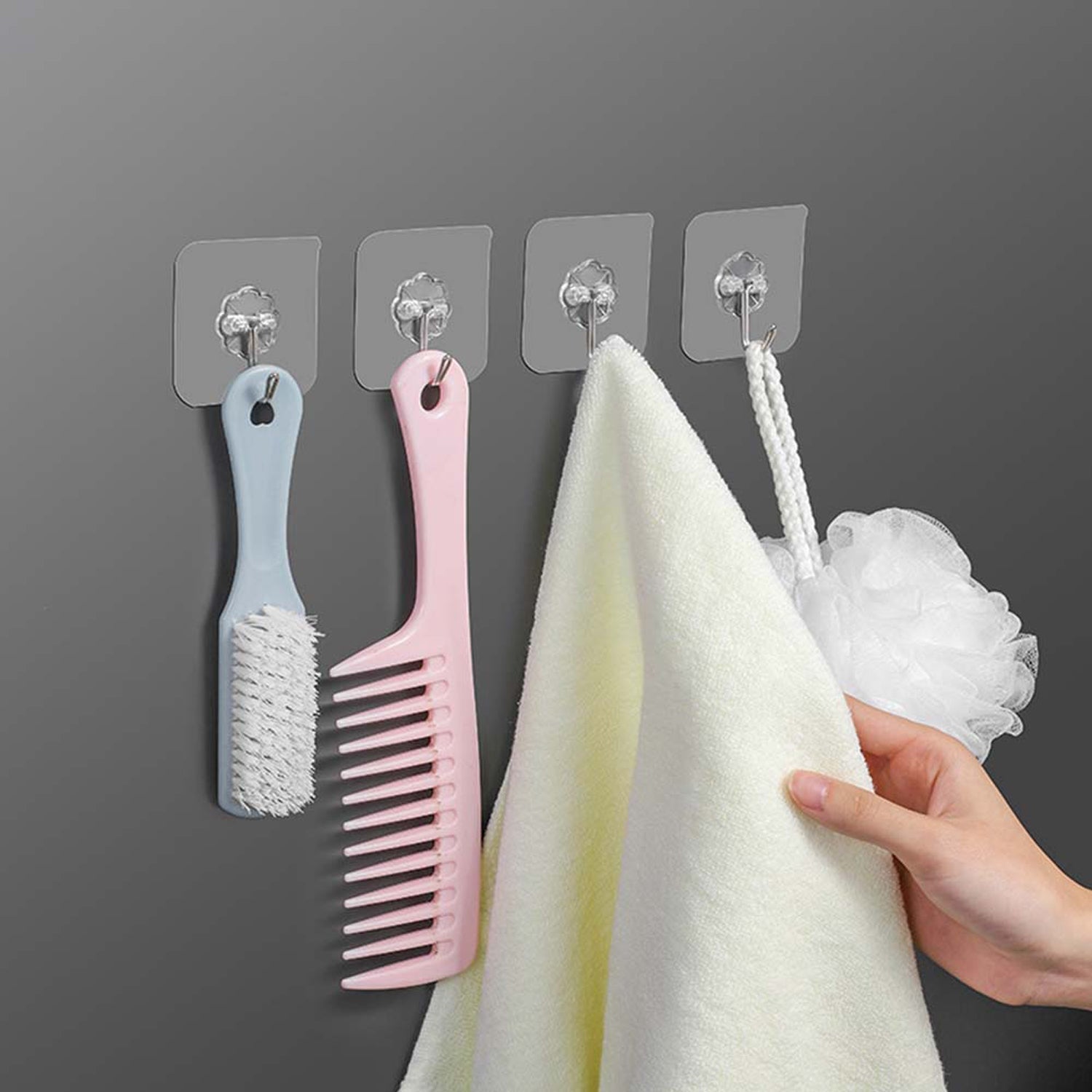 Adhesive hooks used in kitchen setting