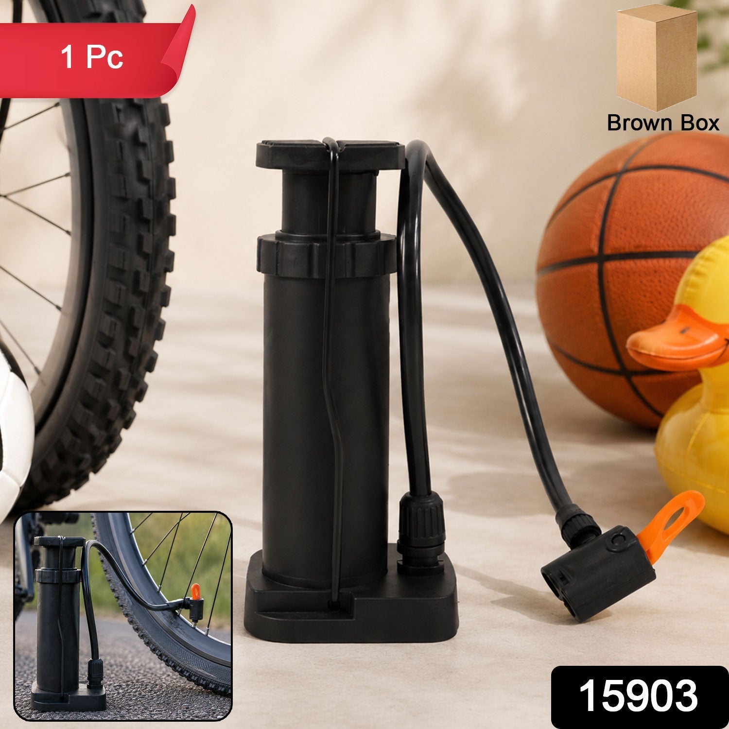 Mini foot pedal air pump in its retail packaging