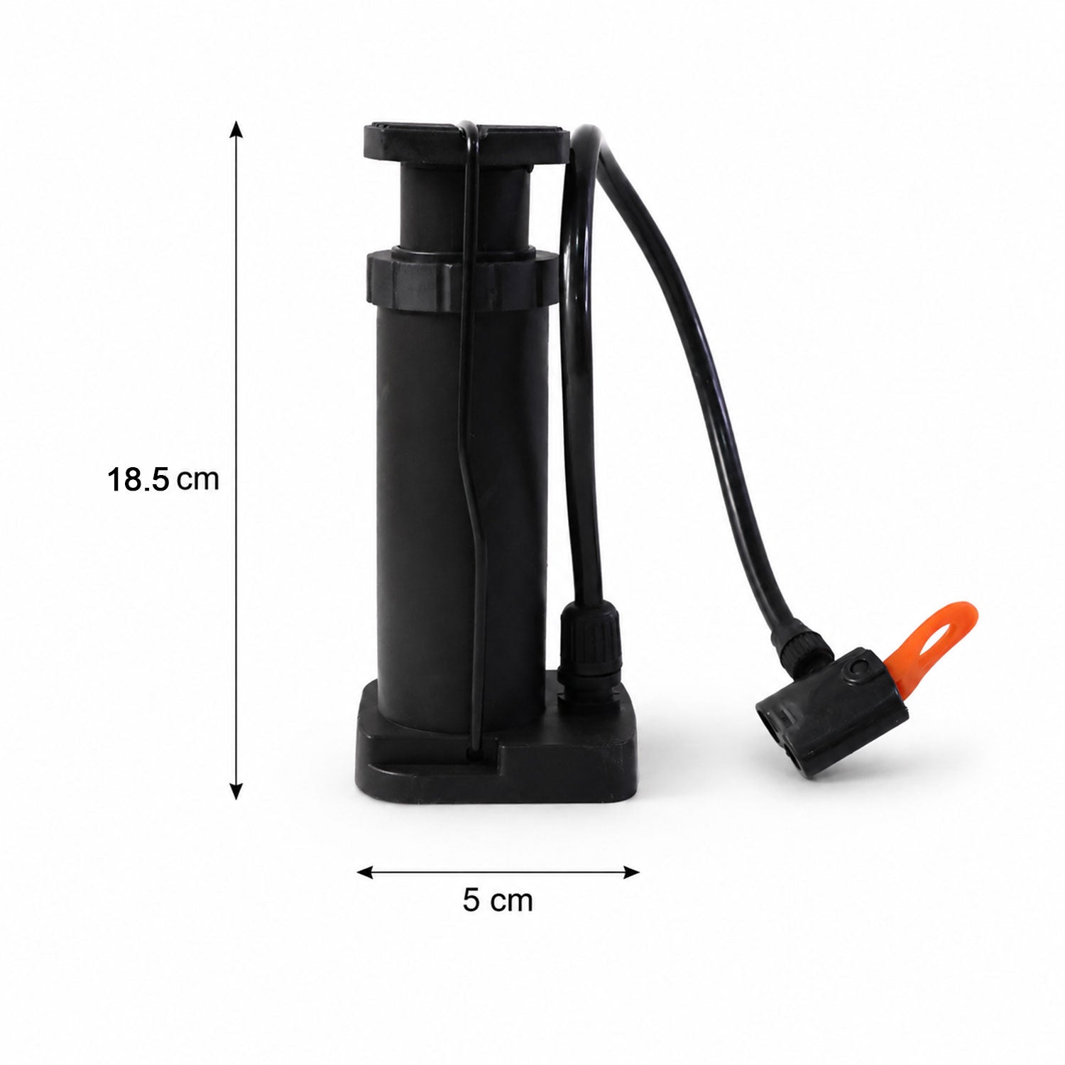 Mini foot pedal air pump with dimensions and size comparison