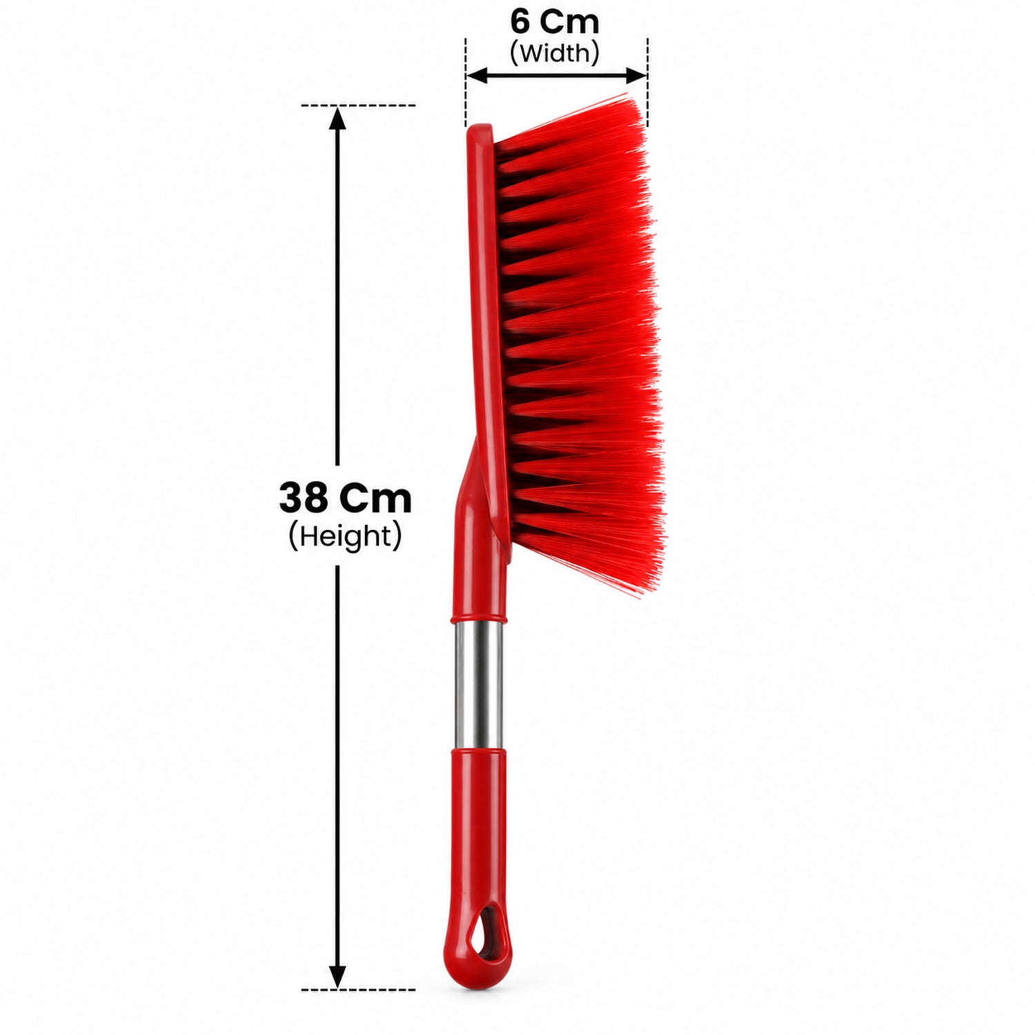 A red and silver cleaning brush with red bristles is displayed vertically, showing its 38 cm height and 6 cm width
