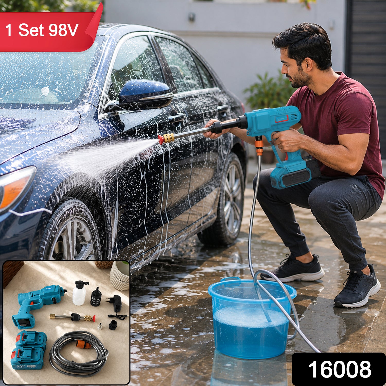 A man in a red shirt and dark pants washes a blue car with a teal and black wireless pressure washer, creating â€“ view 2