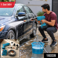 A man in a red shirt and dark pants washes a blue car with a teal and black wireless pressure washer, creating â€“ view 2