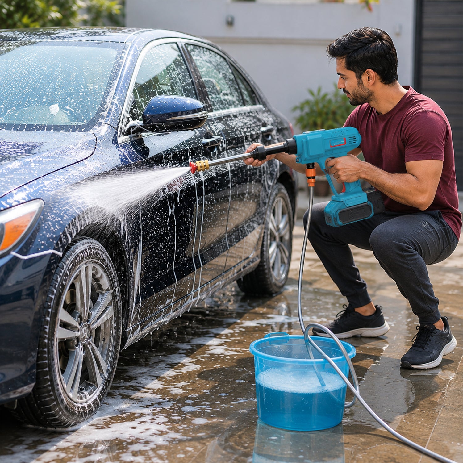 A man in a red shirt and dark pants washes a blue car with a teal and black wireless pressure washer, creating â€“ view 8
