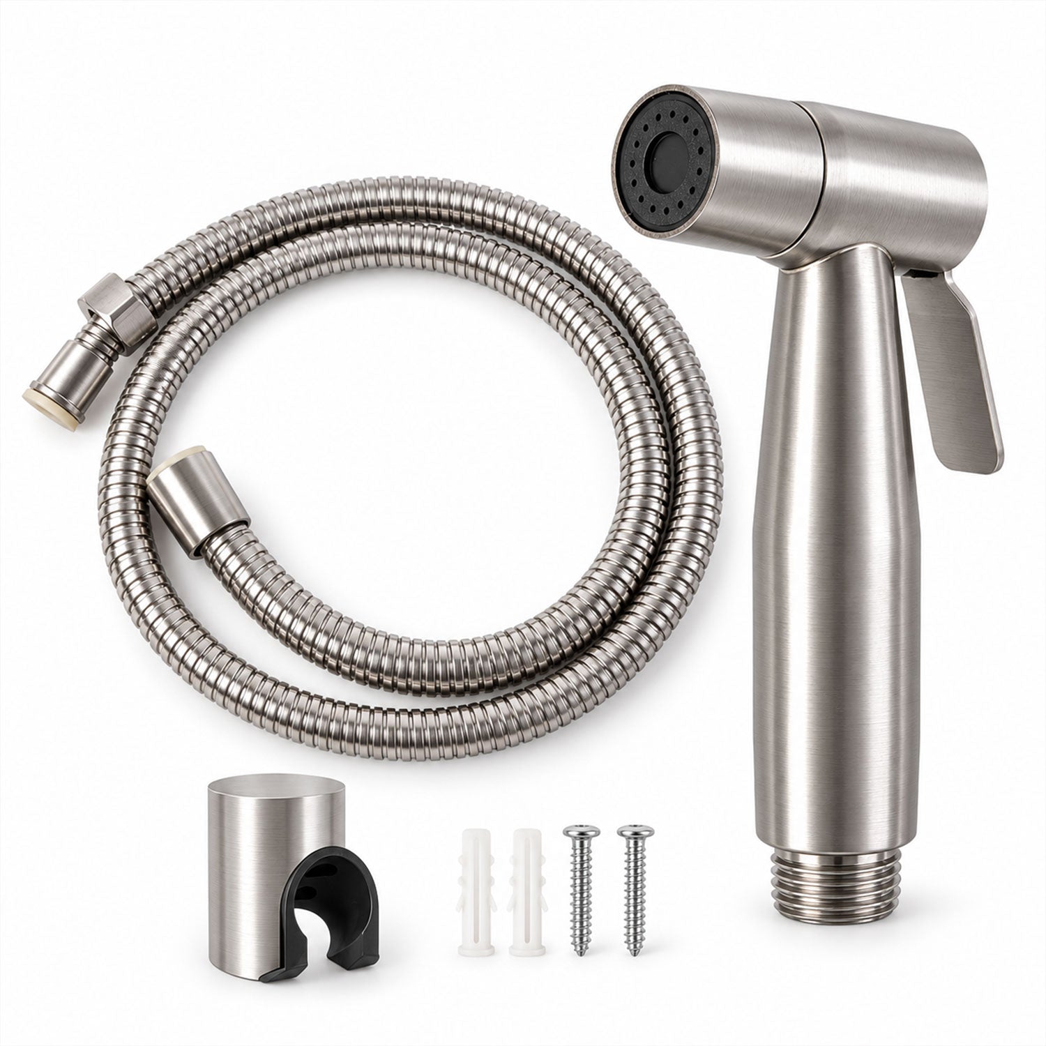 A complete set of the brushed steel bidet sprayer, coiled hose, wall holder, and mounting hardware is arranged neatly on a