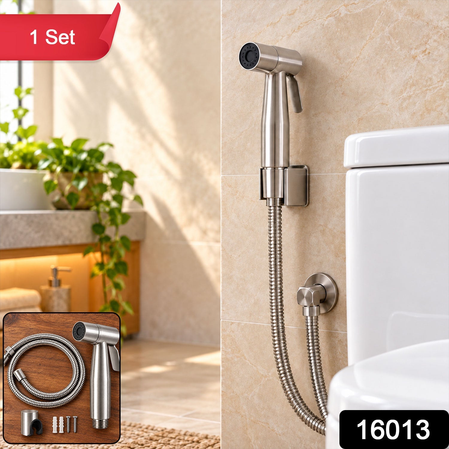 A brushed steel bidet sprayer with a flexible hose is mounted on a tiled wall next to a white toilet in a bright â€“ view 2