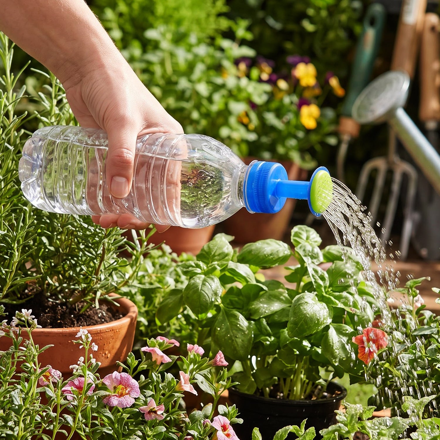 A hand holds a clear plastic bottle with a blue and green sprinkler cap, watering green plants in a garden.