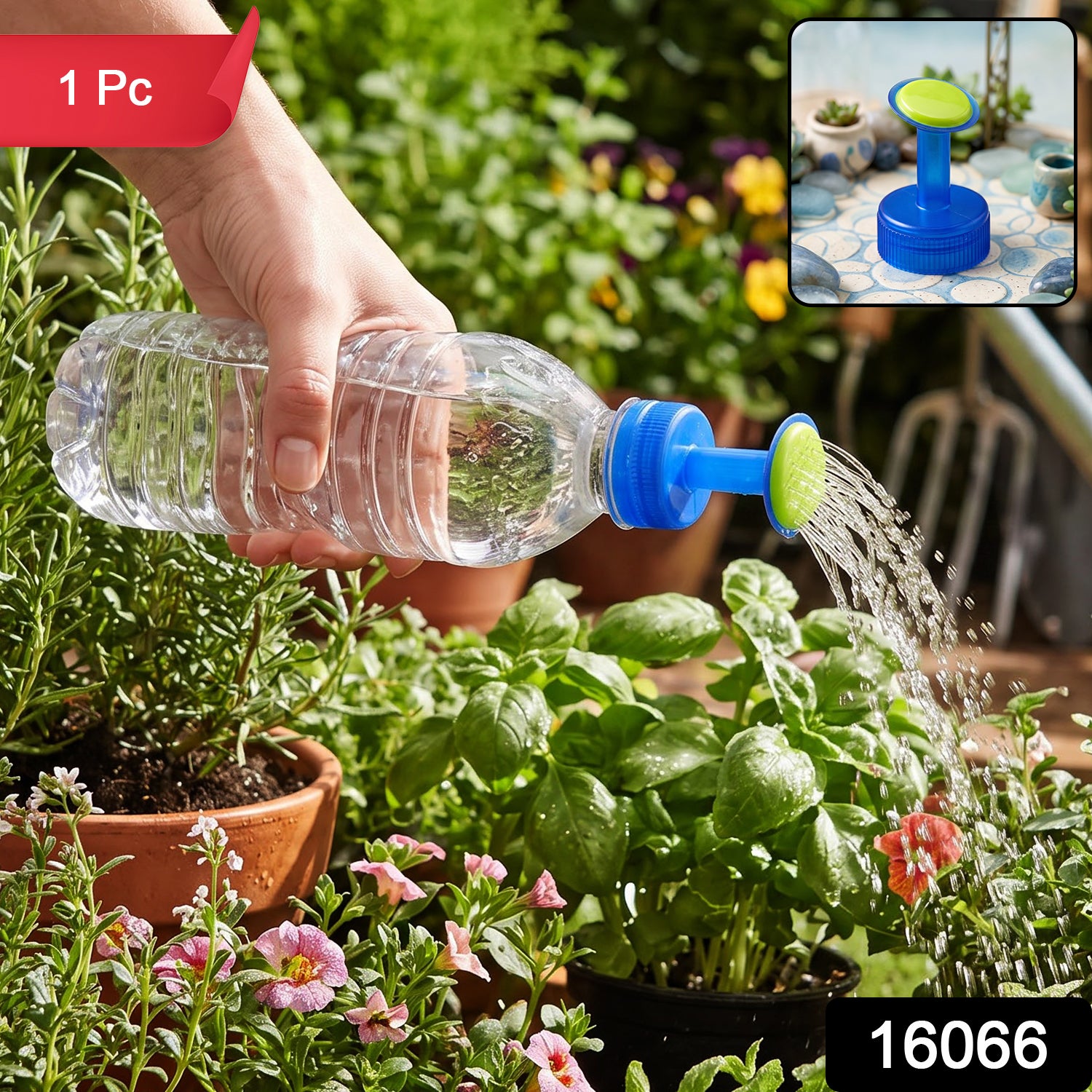 A hand holds a clear plastic bottle with a blue and green sprinkler cap, watering plants, with a small inset showing the cap.