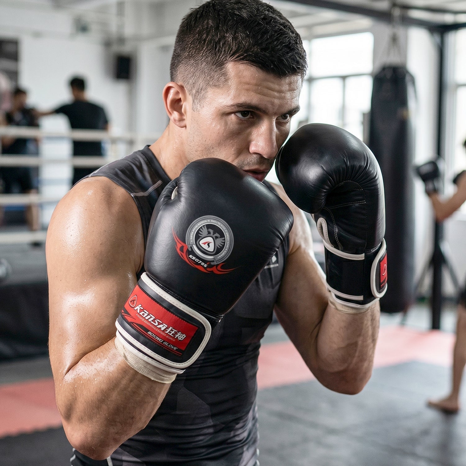 Details of padded boxing gloves ideal for MMA and kickboxing workouts.